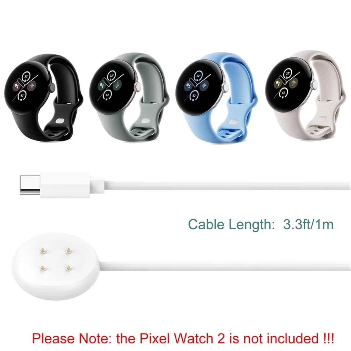 كابل شاحن A45U من النوع C لساعة Pixel 2، سلك كابل شحن مغناطيسي لساعة Pixel Watch 2 الذكية باللون الأبيض