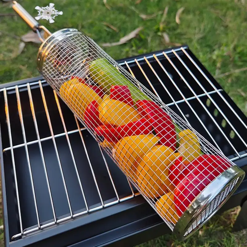 

Rolling Grilling Baskets For Outdoor Barbecue Cage With Handle Grill Bbq Net Tube Stainless Steel Large Round Mesh
