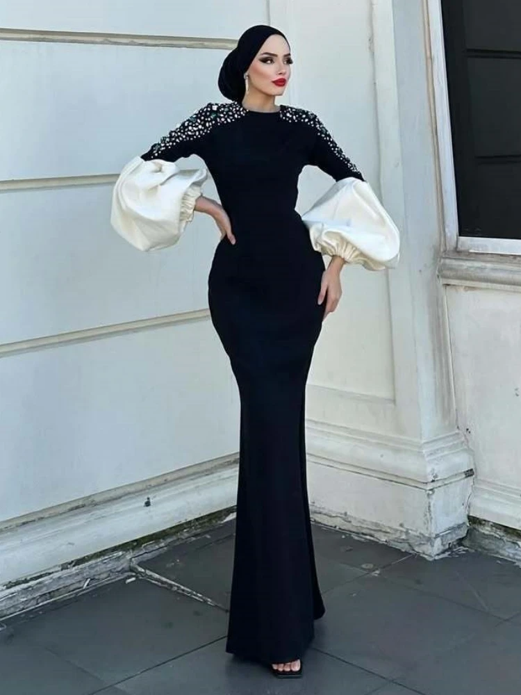 Sexy O Neck Puff Sleeves Patchwork Diamonds Bandage Dress Women Black Long Sleeves Crystal Bodycon Dresses Evening Party Gowns