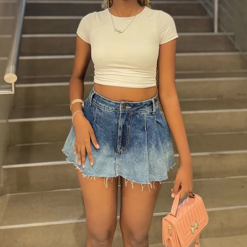 Benuynffy Y2k Streetwear ourlet brut jupe en jean plissée femmes été rétro mode taille haute Harajuku a-ligne Mini jupes 2025