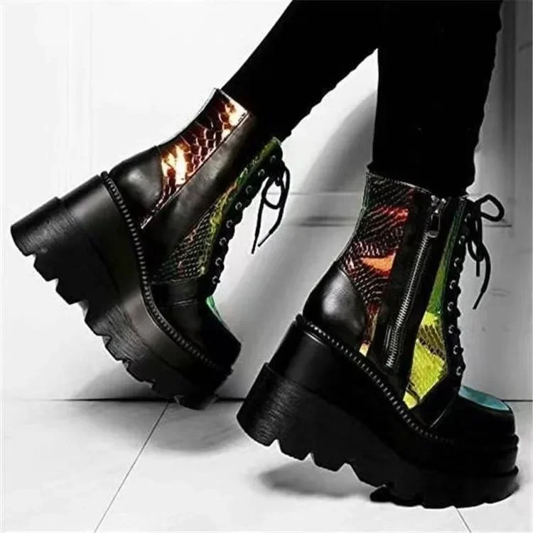Women's Platform Slip-On Boots Autumn Winter High Help Chunky Shoes Color Block Lace Up Large Size Casual Fashion Footwear