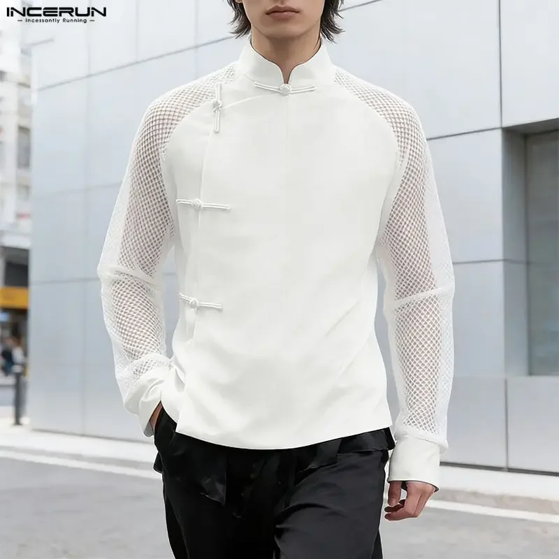 INCERUN Men's Shirt Mesh Patchwork See Through Hollow Out Vintage Menswear Clothing Chinese Style Casual Tops Shirts For Man
