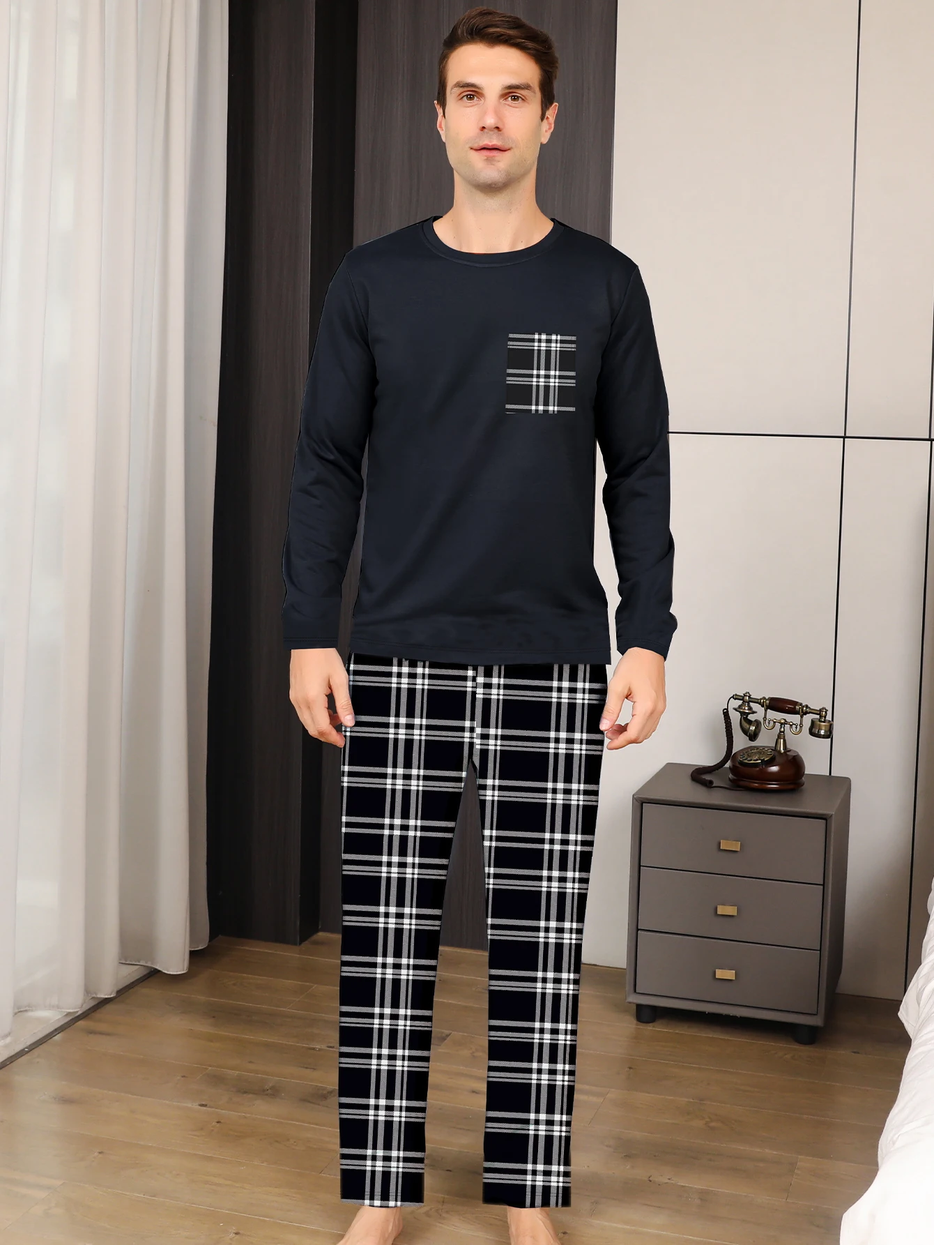 Two piece sets men's pajamas autumn and winter long sleeved pants checkered sleepwear set