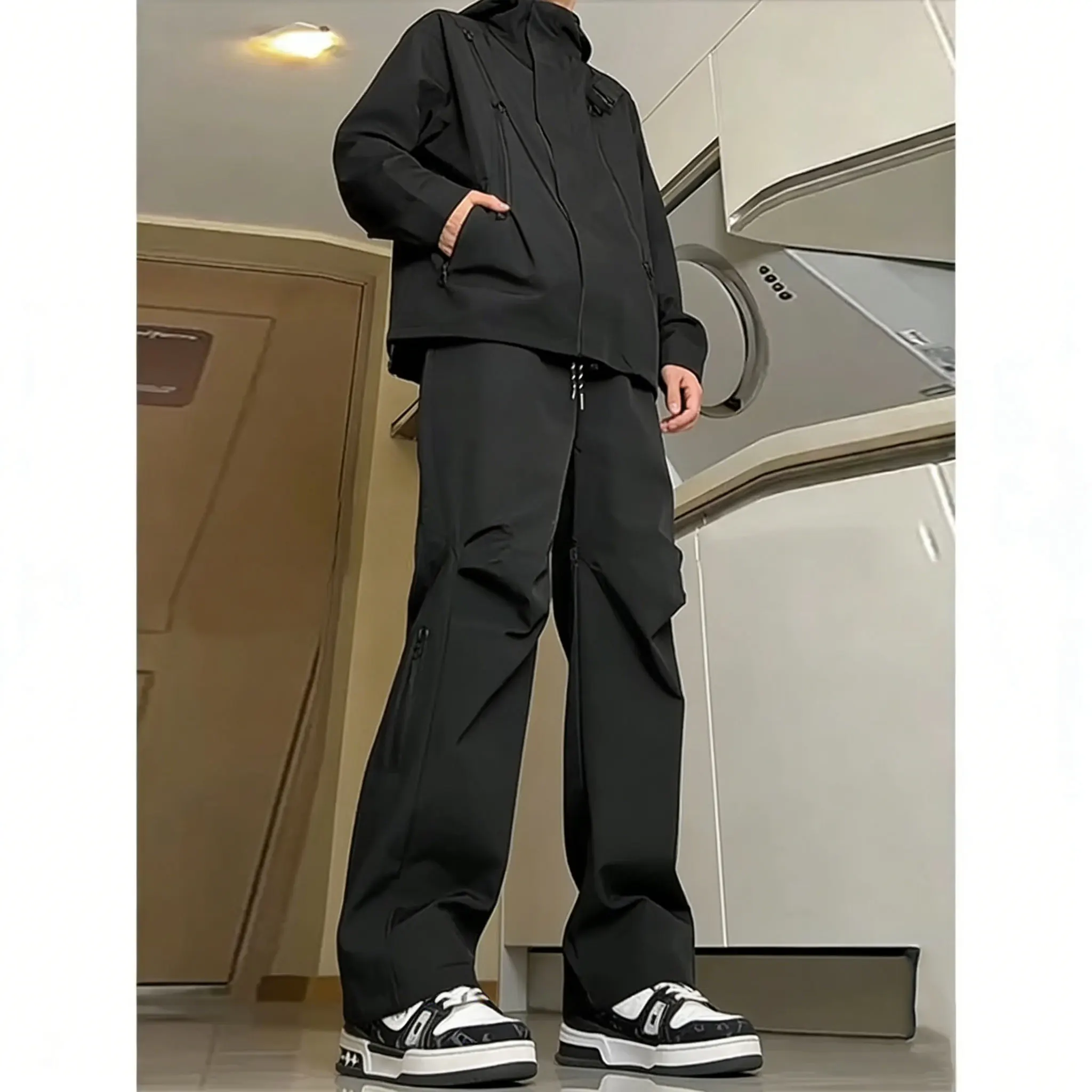 Men's Cargo Trousers  Pocket Self-cultivation Loose Minimalist New Straight-leg Solid Color Work Pants Black  Outdoor Drawstring