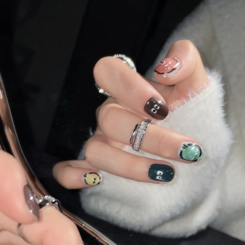 

Colorful and Funny Egg Shaped 3D Handmade Nail Art Wearable Cartoon Dopamine Cute Three-dimensional Expression Fake Nail Sticker