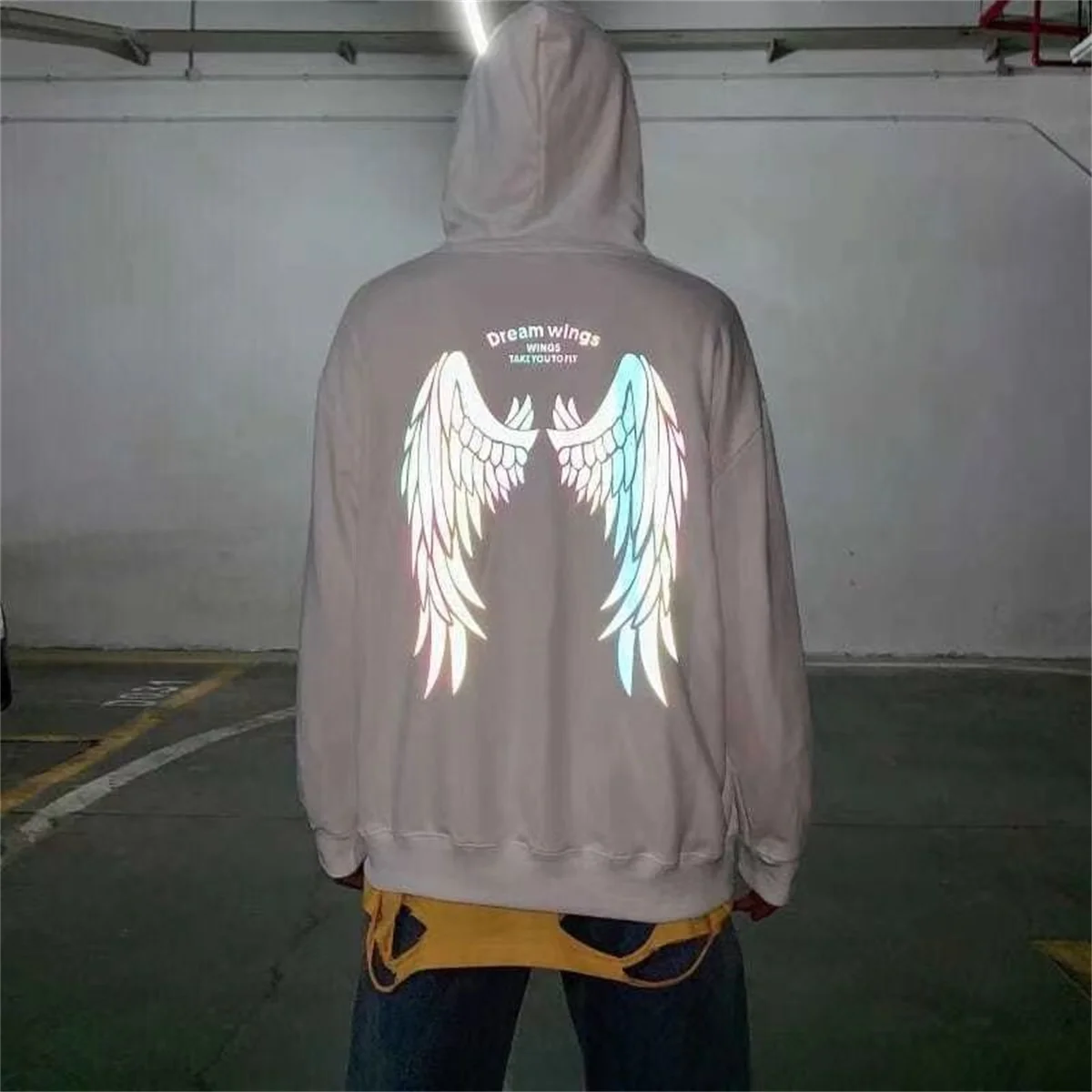 Black Reflective Wings Print Hoodie Women Winter Autumn White Tops Ulzzang Hip Hop Harajuku Pullover Couple Hoodie Sweatshirts