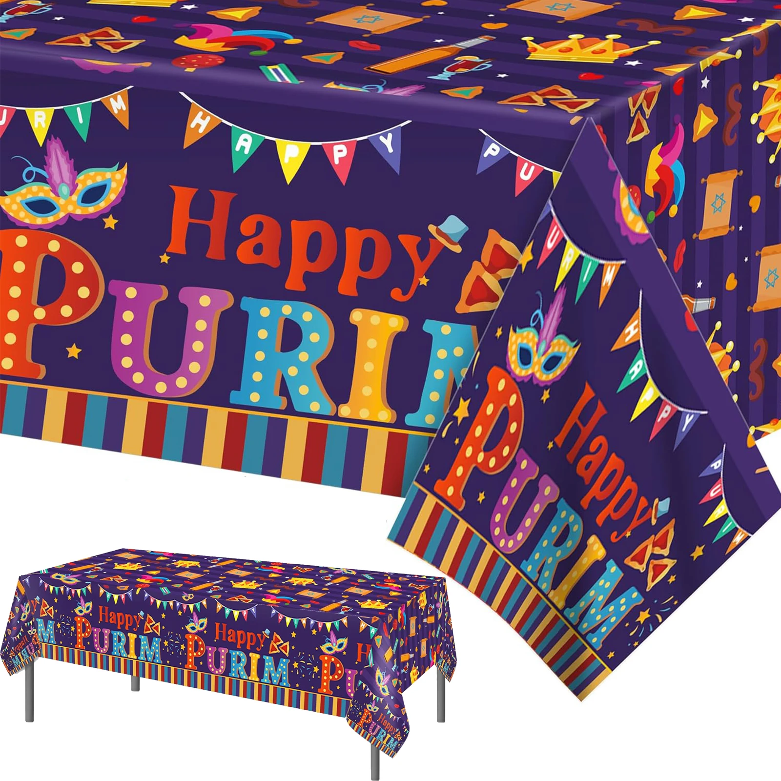 Happy Purim Tablecloth Disposable Jewish Carnival Themed Party Decorations Table Cover for Jewish Holiday Carnival Party Supply