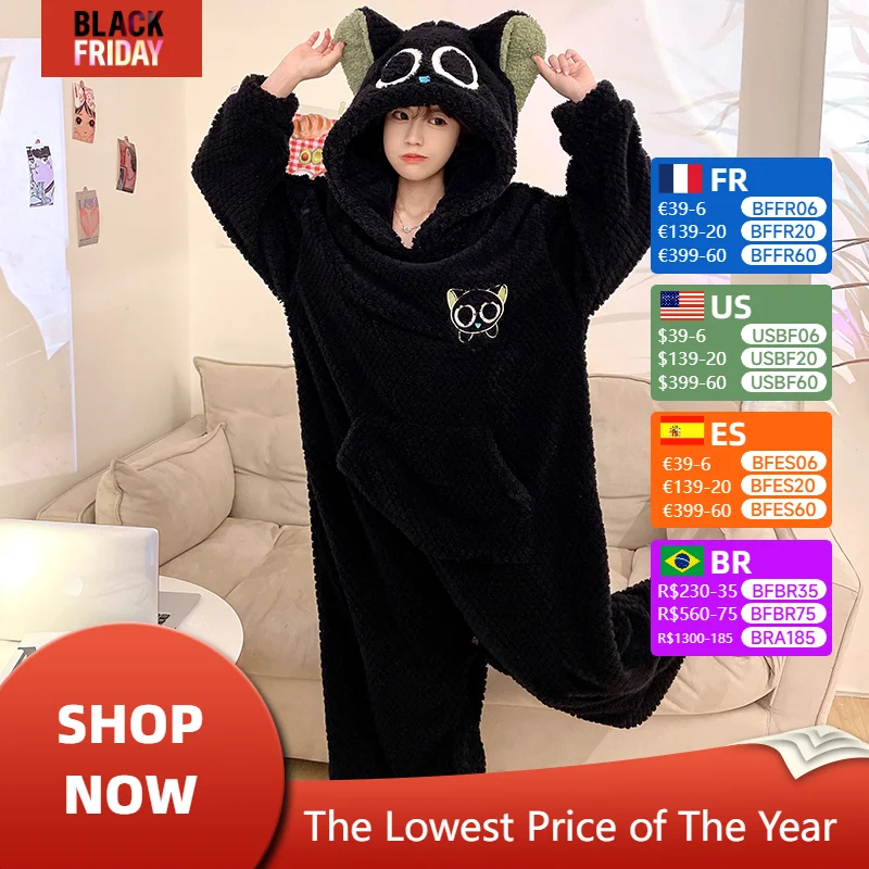 Winter Pajamas Jumpsuits Women Coral Fleece Sleepwear Onesie Cartoon Korean Warm Thicken Pyjamas Hooded Loose  Home Clothing