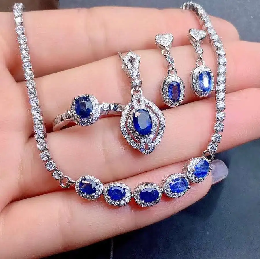 Pure Natural Sapphire Set High Quality 925 Sterling Silver 1pc ring,1pc pendant,2pcs earrings,1pc bracelet