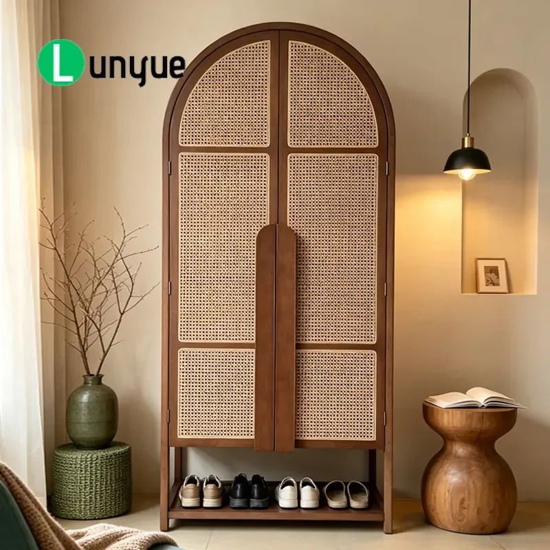 New Chinese Retro Solid Wood Wardrobe Wabi Sabi Rattan Double Door Closet for Hotel Suite Inn BnB Bedroom Furniture Storage