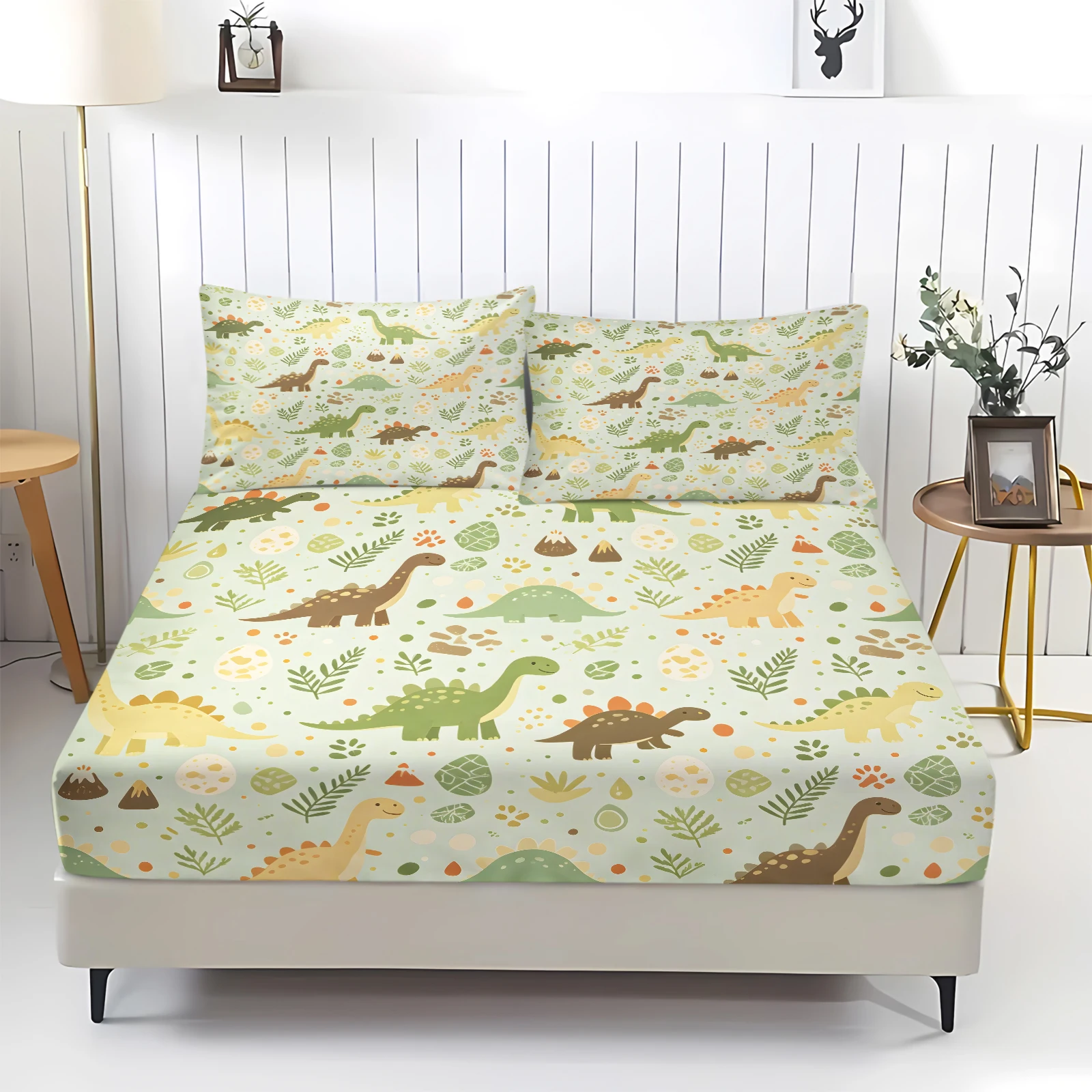Cute Dinosaur Fitted Sheet Set Light Green Cartoon Dino Dinosaur Leaf Print Bed Sheet with Deep Pocket Elastic Mattress Cover