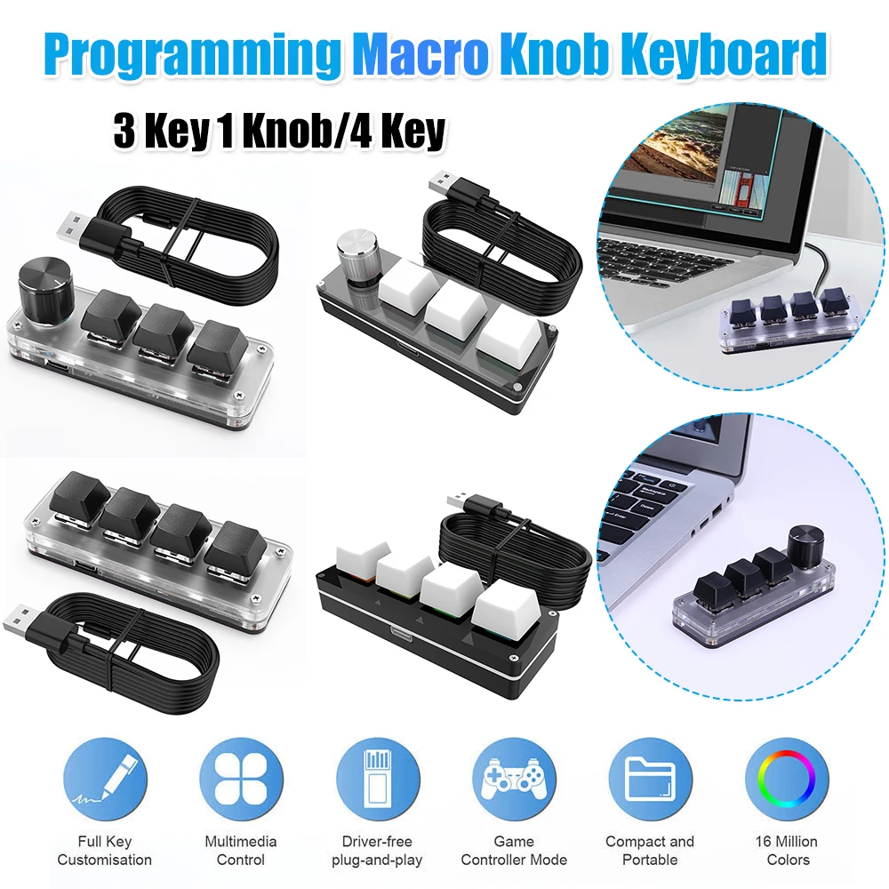 Teclado Mecânico Gamer de Uma Mão com 3 Teclas e 1 Botão/4 Teclas, RGB, USB com Fio, Teclado Numérico para Jogos e Photoshop, Switches Vermelhos, Macr