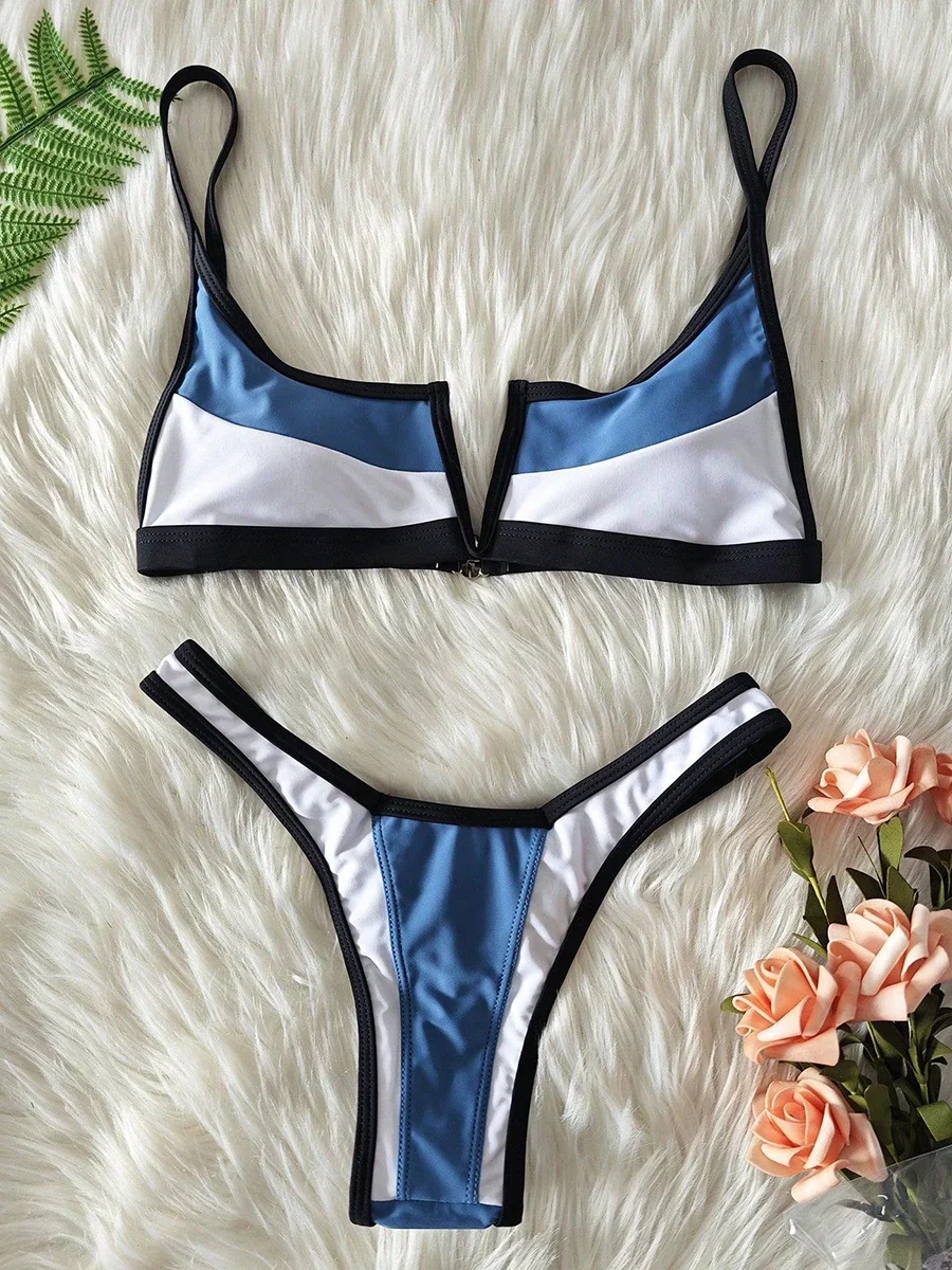 S - XL Splicing V Shaped Thong Bikini Women Swimsuit Female Swimwear Two Pieces Bikini Set Bather Push Up Bathing Suit Swim Lady