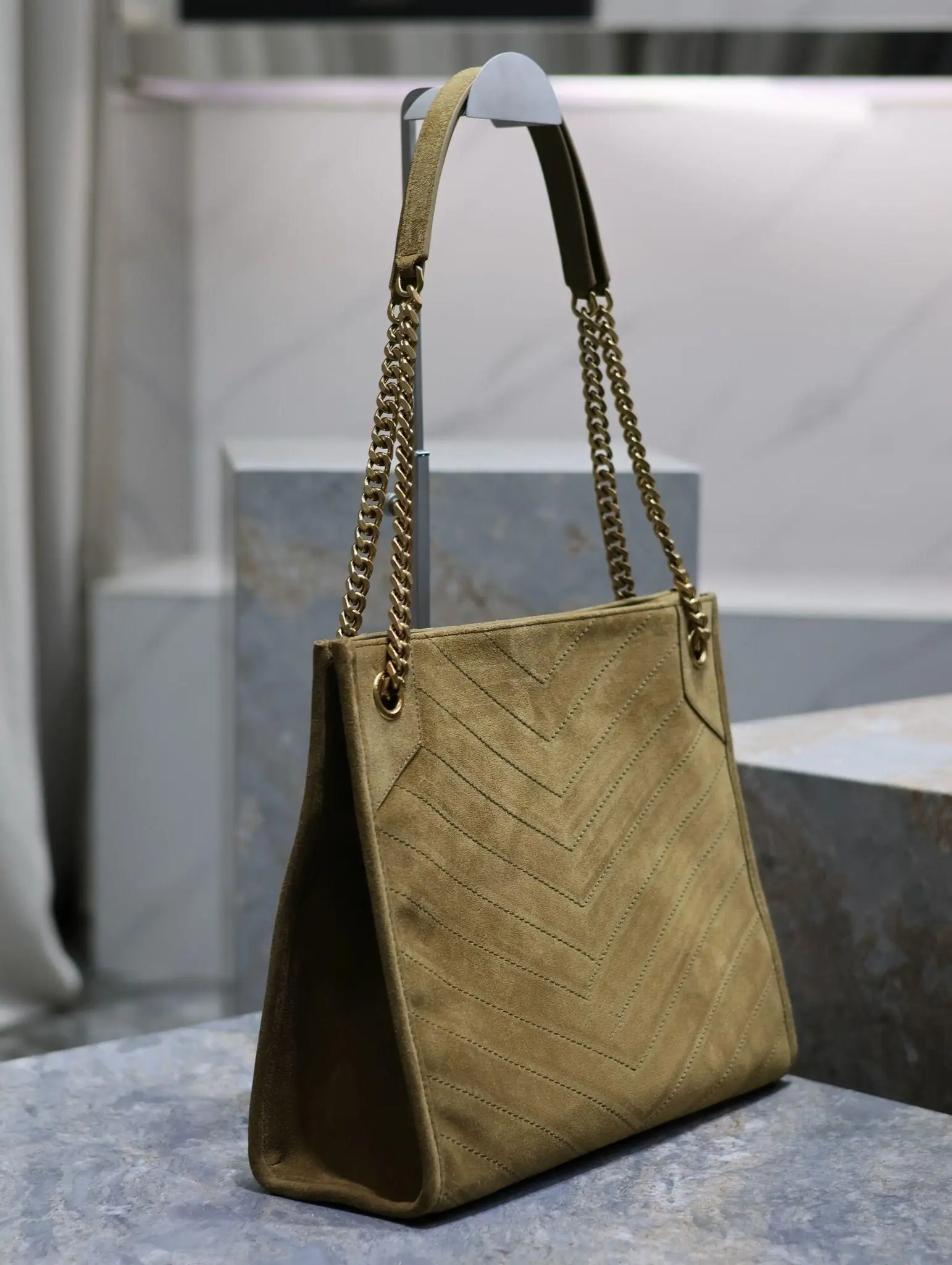 Olive Green Suede Chevron V-Stitch Quilted Tote Bag, Oversized Soft Shoulder Crossbody with Vintage Gold Interwoven Chain, Luxury Designer Inspired Autumn Work Handbag