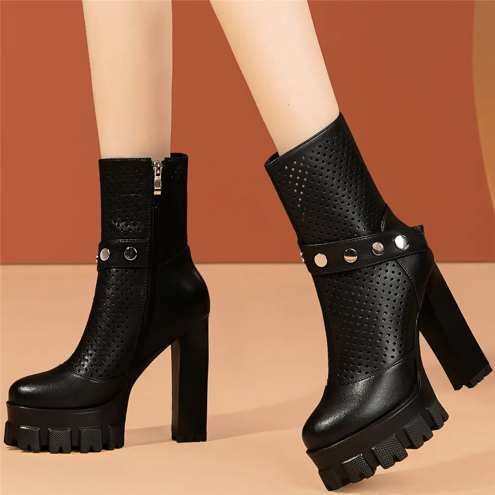 

Summer Platform Pumps Shoes Women Hollow Genuine Leather High Heel Ankle Boots Female Round Toe Gladiator Sandals Casual Shoes