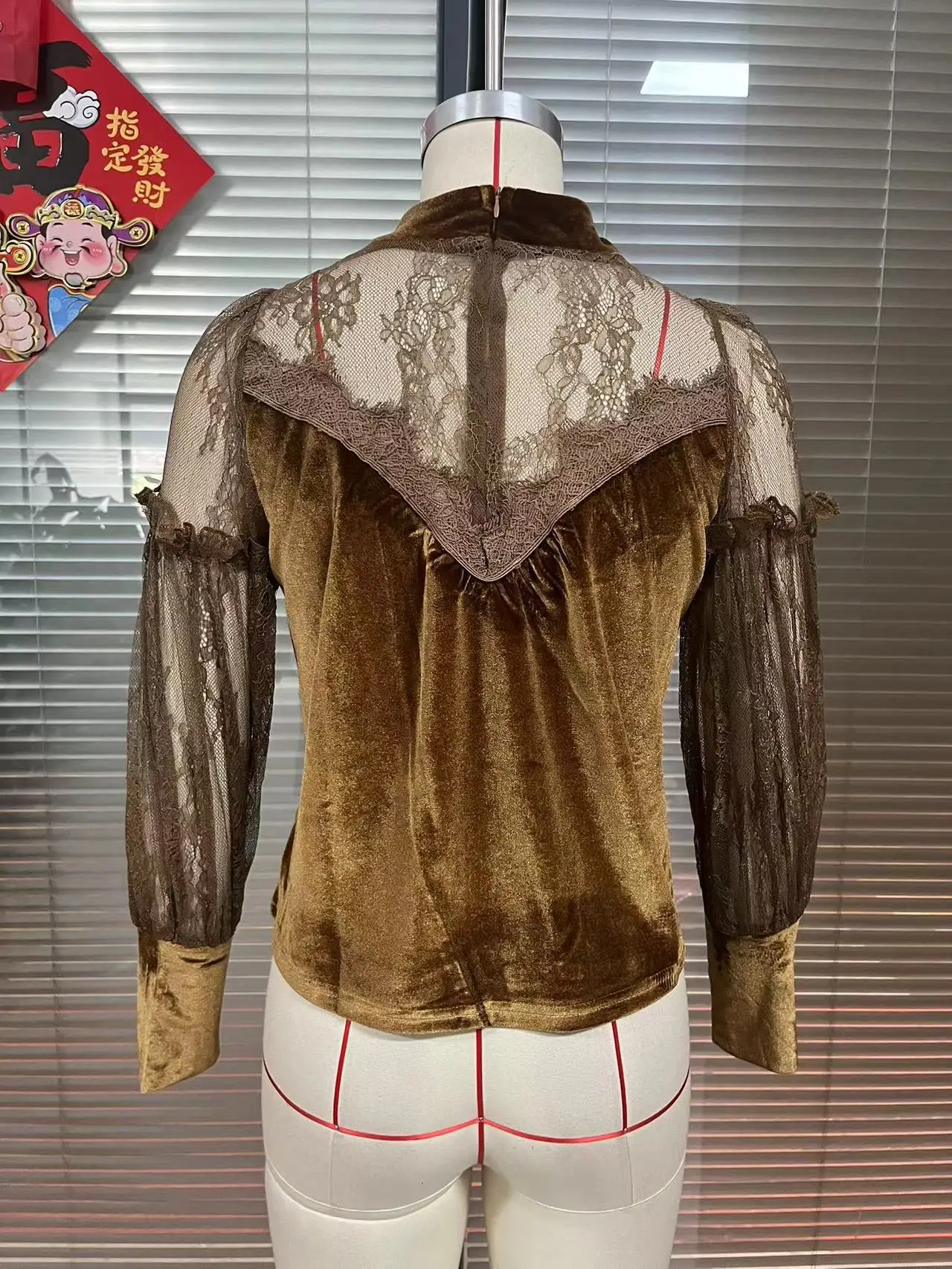 Fashion Women's Velvet Lace Splicing Lantern Long Sleeve Blouse High Neck Elegant Versatile Trendy Casual Commute Daily Wear Top - view 6