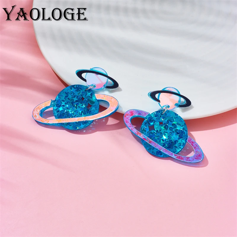 YAOLOGE Acrylic Space Series Planet Drop Earrings For Women New Exaggerated Cartoon Girls Laser Dazzle Ear Jewelry Birthday Gift