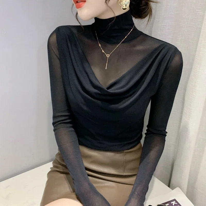 Sexy Mesh Basic T-shirts Women 2024 Fashion Turtleneck Casual Long Sleeve Y2k Tops Korean Clothes Woman Black Winter T Shirt 4XL