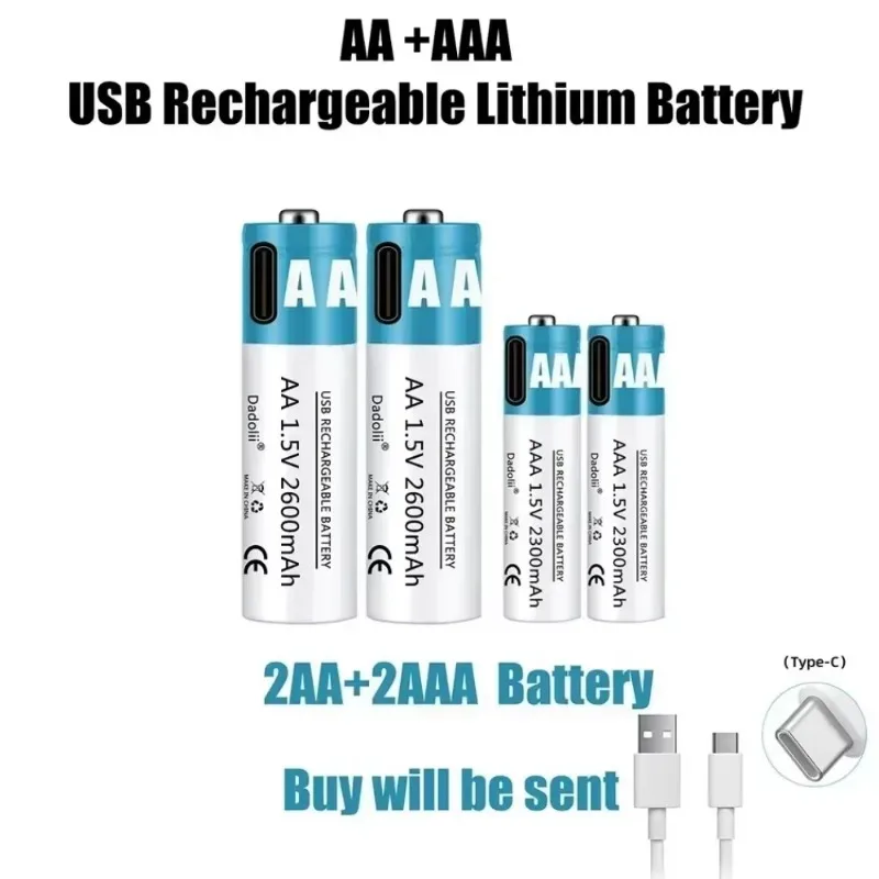 AA AAA Battery 1.5V rechargeable Battery 2600mAh rechargeable lithium ion battery AA 1.5V USB fast charging