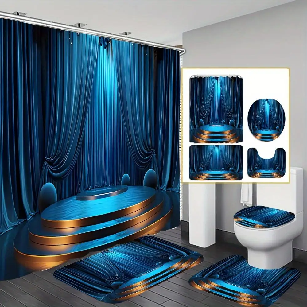 1/4Pcs Blue Stage Shower Curtain Set, Decorative Bathroom Set Including Waterproof Shower Curtain, Non-Slip Floor Mat, Toilet Se