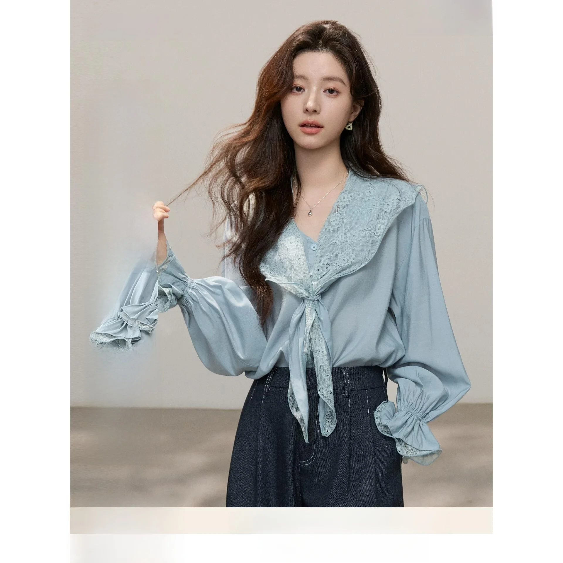 

Spring 2026 Blue Lace Patchwork Shirt Women's Removable Shoulder Design Long Sleeve Casual Fashionable Ladies' Blouse