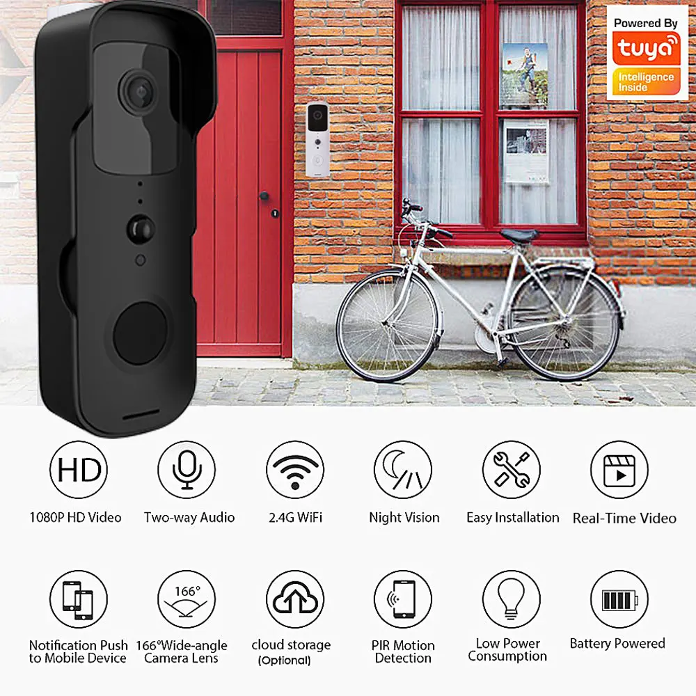 Tuya-timbre inalámbrico FHD con cámara de seguridad para el hogar, timbre de puerta con visión nocturna, Monitor de vídeo en tiempo Real, WIFI, Sensor de movimiento, T30