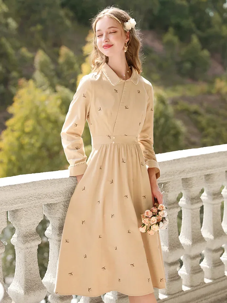 I BELIEVE YOU Cotton Women's Dresses French Embroidery Long Sleeve A-Line 2023 Winter New Slim Temperament Dress 2234095346