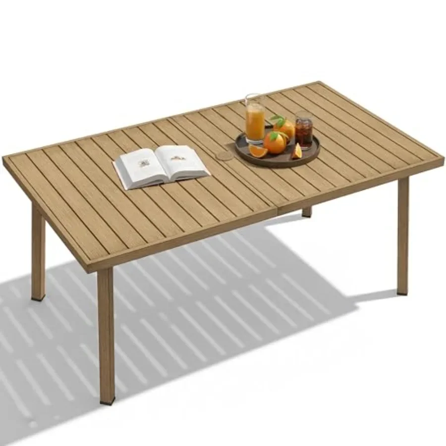 Outdoor dining table for 6, 63x35, never-rust aluminum, rectangular, all-weather, heavy duty, with umbrella hole, ideal for poo