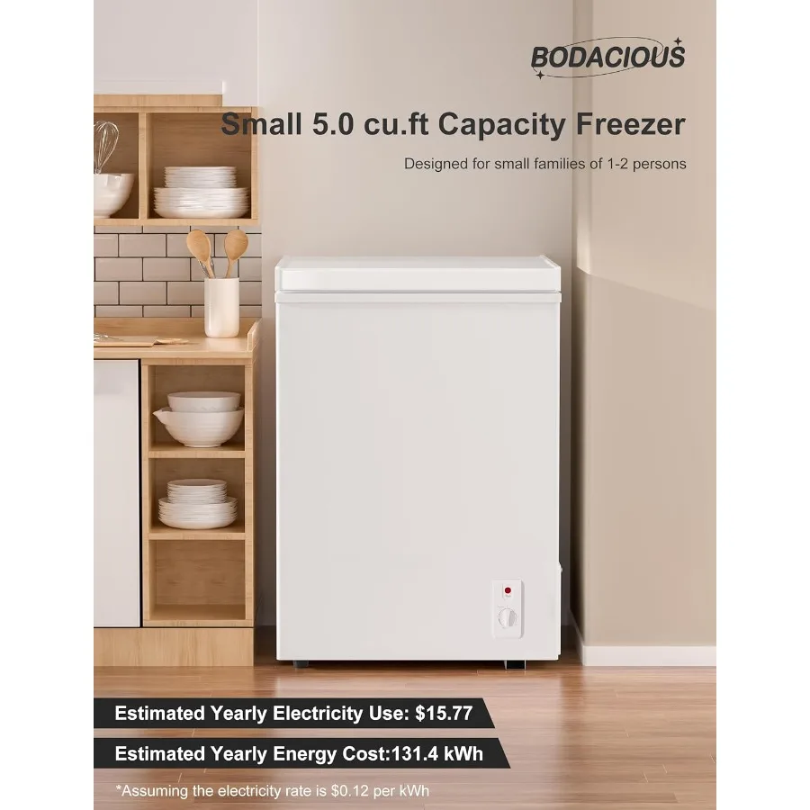 Ultra Quiet Deep Freezer 5.0 Cu Ft Compact Chest Freezer with Fast Freeze Performance Low Power Consumption in Silver