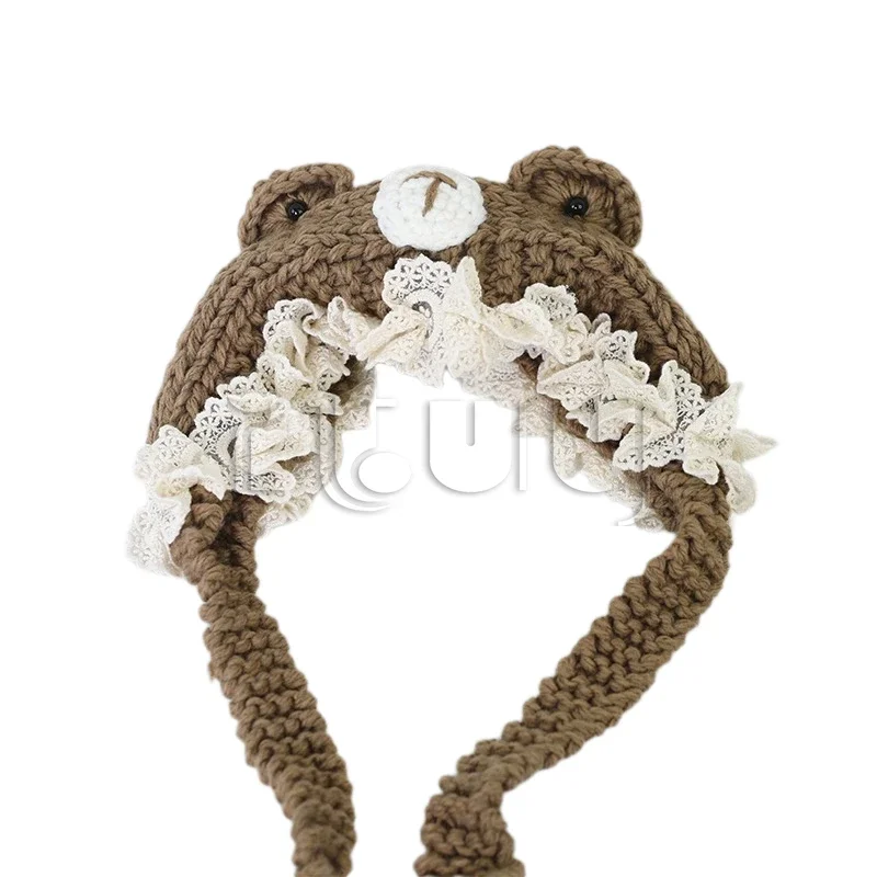 수제 니트 모자 여자 여자 로리타 고양이 귀 레이스 트림 보우 달콤한 따뜻한 모자 겨울 패션 카와이 뜨개질 액세서리