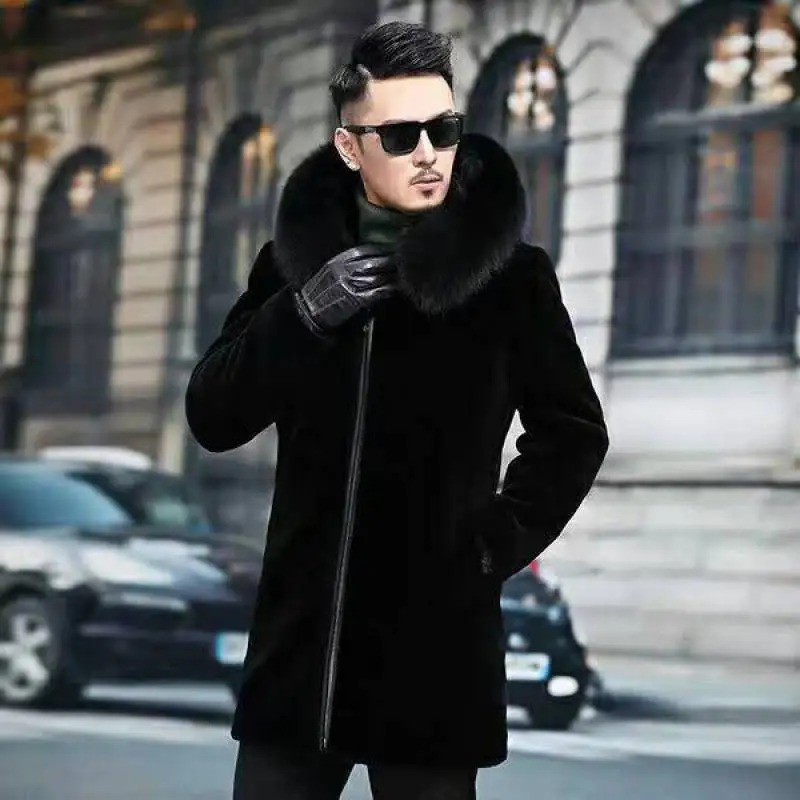 Winter New Men Faux Mink Fur Overcoat Fleece-Lined Thickened Long Section Imitation Fur Coat Fashion Large Size Hooded Parkas