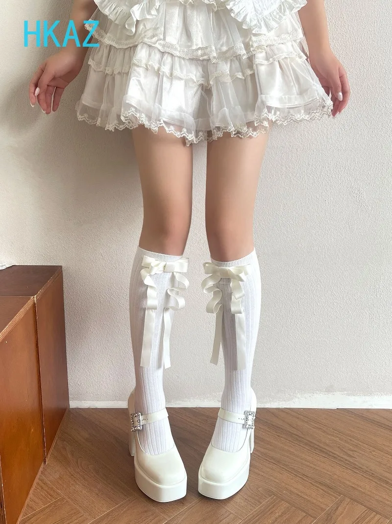 Autumn New French Streamer Bow Stockings Lolita Fashionable Versatile Sweet Cute Girls Calf Stacking Socks Knee High Socks