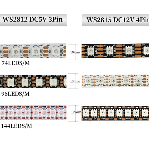 WS2812B WS2815 Addressable LED Light Strip 1-5M 144 96 74 60 30 Pixels/LEDs/M Smart RGB Dream Color Flexible LED Lights Lamp Bar