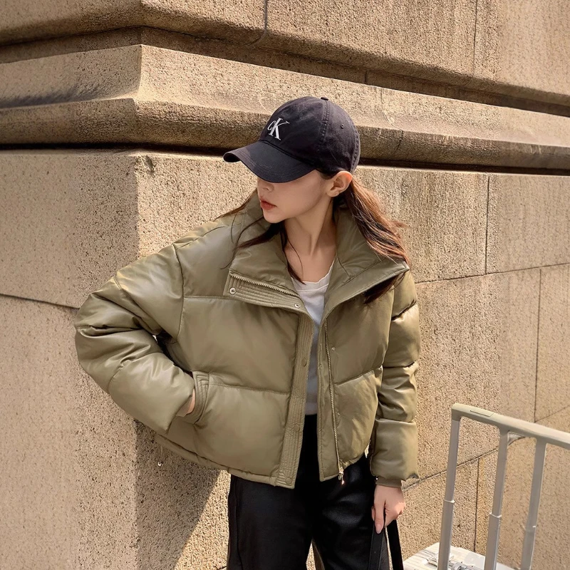 Fashionable Faux Leather Padded Coat Women's Zip Up Stand Collar Cropped Winter Daily Commute Campus Soft New Luxe Chic Coats
