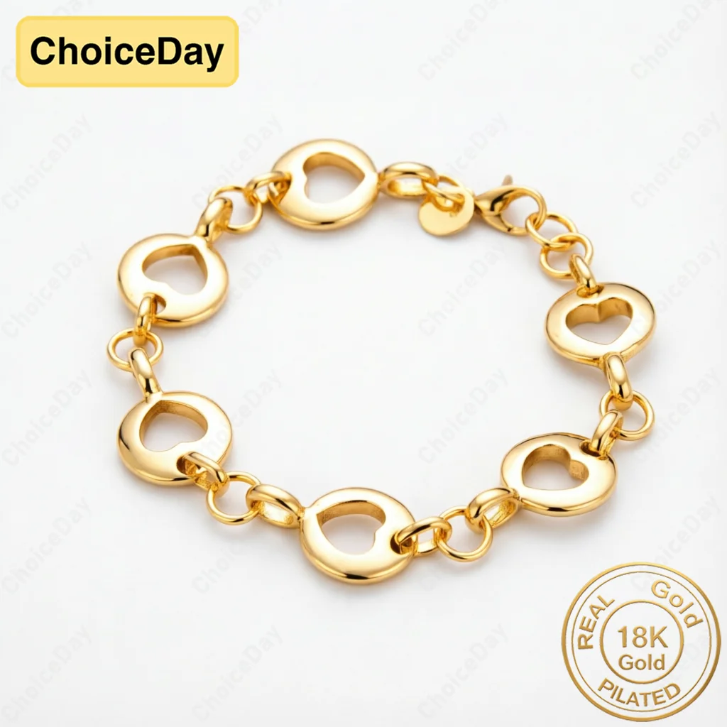 18K Gold Plated Exquisite Openwork Heart-Shaped Bracelet for Women, Wedding Party Accessories, Fashionable Gift Jewelry