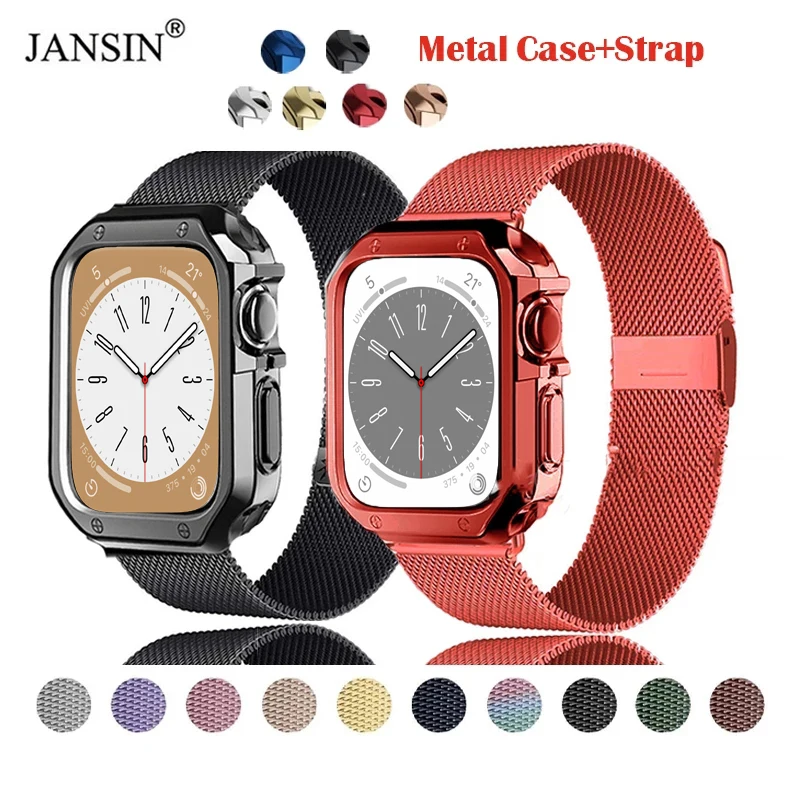 Milanese Loop Strap + Case untuk Apple Watch Band 41Mm 45Mm 44Mm 42Mm 38Mm 40Mm Gelang Logam Stainless Steel Band untuk IWatch 8 7