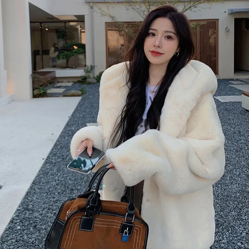 

Faux Fur Coat Women's Sheep Shearling Autumn And Winter New Granular Velvet Korean Coat Short Fox Fur Collar Hooded Coat Female