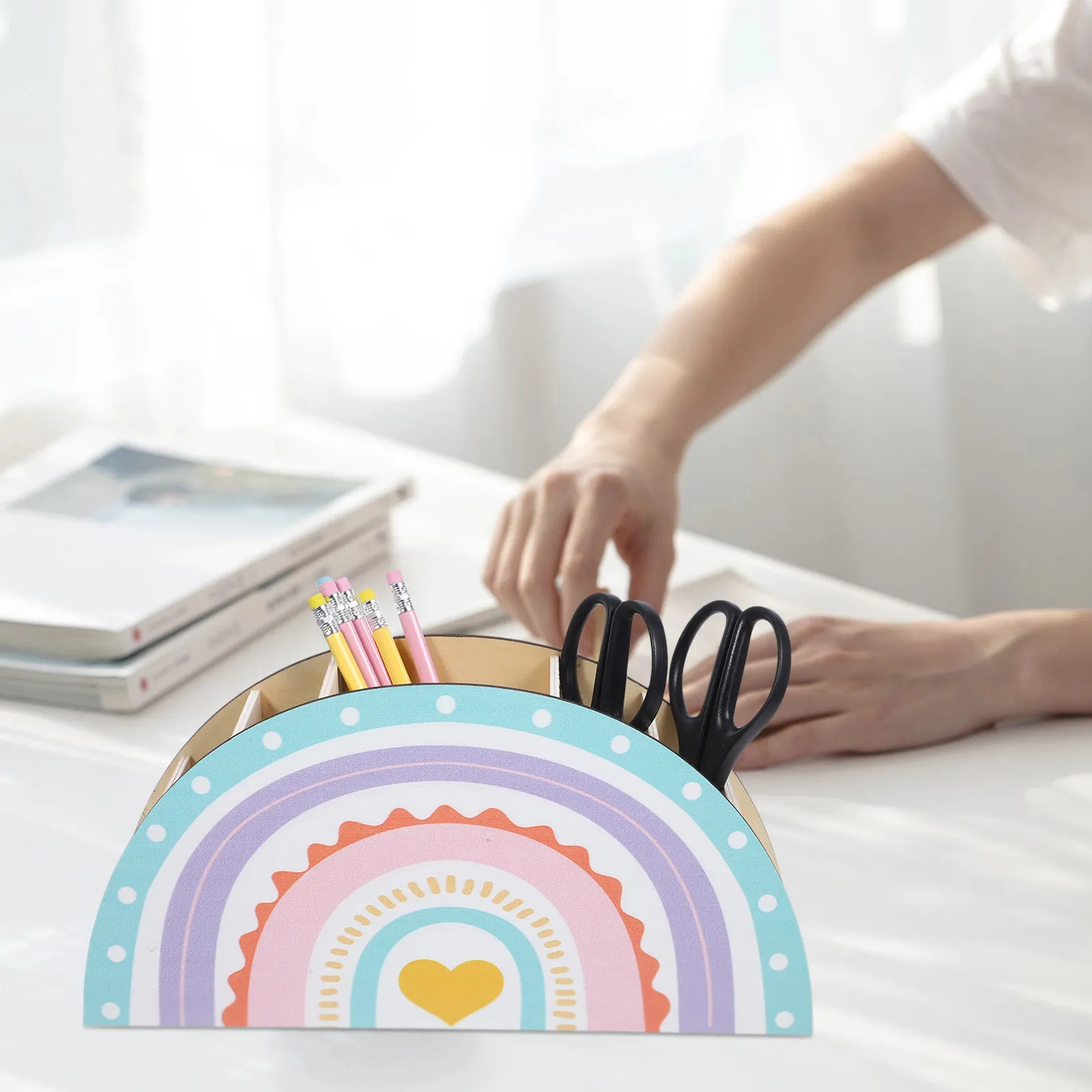 Wooden Wooden Pen Holder Decorative Desk Organizer Rainbow Storage Desktop Office Classroom Pencil