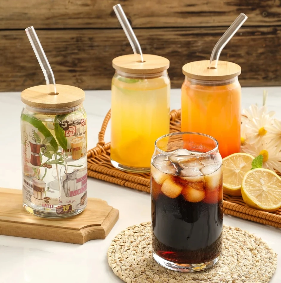 

Wholesale Glass Cup With Lid and Straw Transparent Bubble Tea Cup Juice Glass Beer Can Milk Mocha Cups Breakfast Mug Drinkware