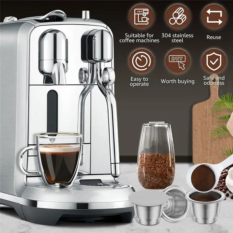 A84E-Reusable Espresso Capsules, Stainless Steel Refillable Espresso Pods With Aluminum Foils Easy Install Easy To Use