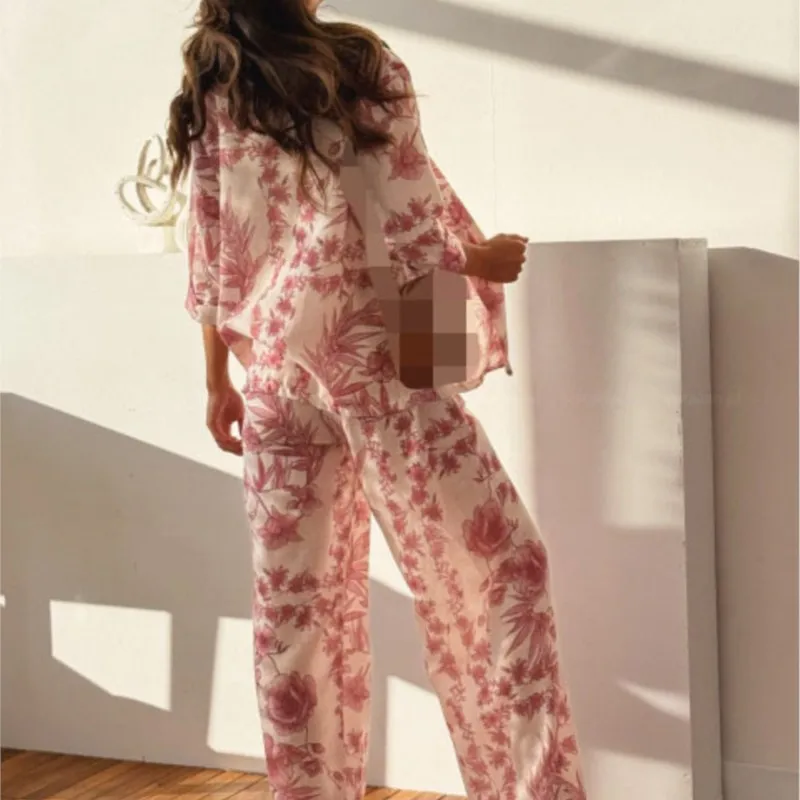 Fashion Printed Women Clothing Casual Seven Quarter Sleeve+wide Leg Pants Two-piece Set Autumn Cardigan Casual Pocket Pants Set