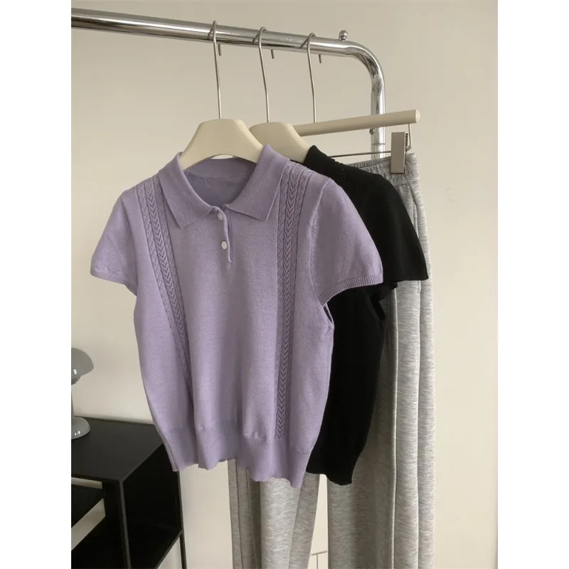 

Gentle temperament retro wool knitted short sleeved women's short sleeved front shoulder jacquard button pullover polo shirt