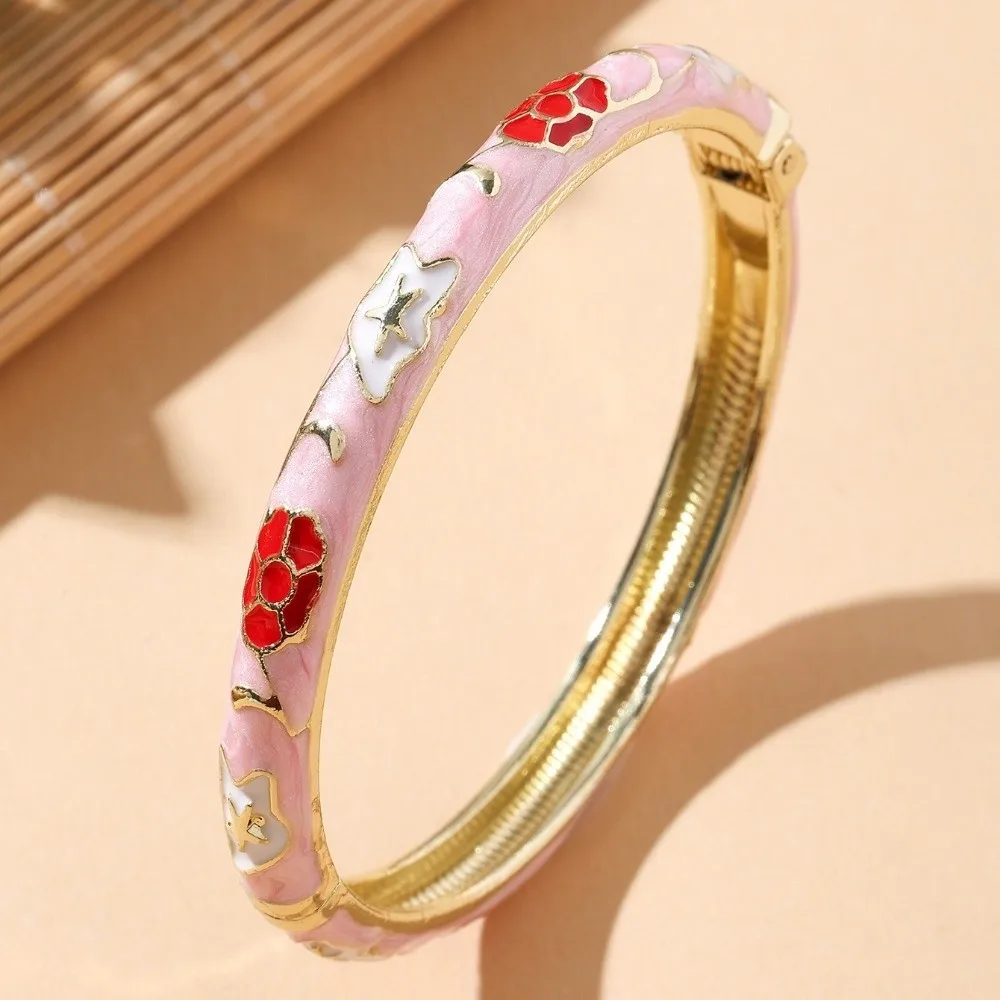 Colorful Vintage Cloisonne Bangle Opening Retro Design Women's Hand Bracelet Ethnic Style Elegant Flower Opening Bangle