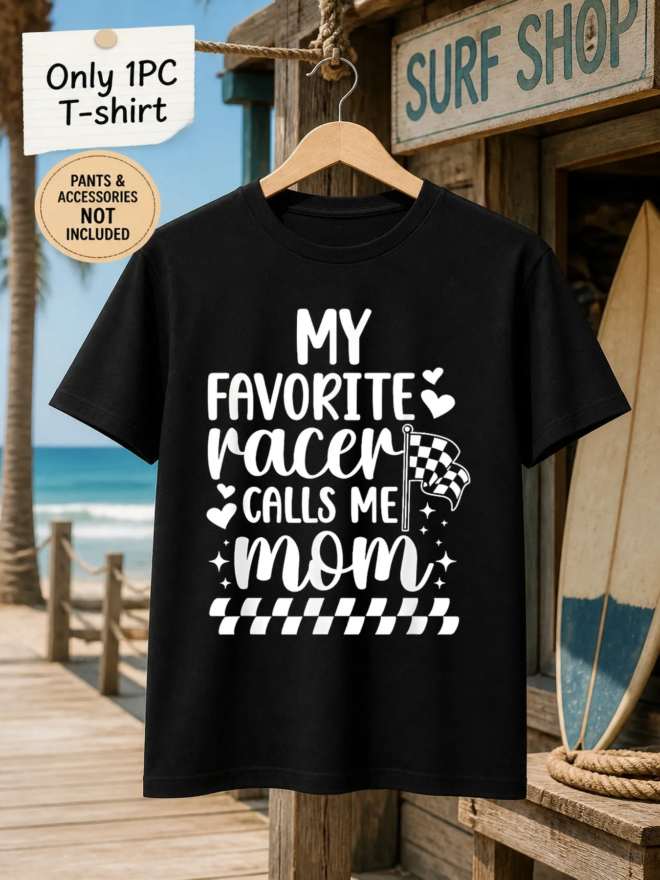 1pc Men'S Graphic T-Shirt My Favorite Racer Calls Me Mom Racing Flag Print Short Sleeve Crew Neck [Solely 1pc T-SHIRT]