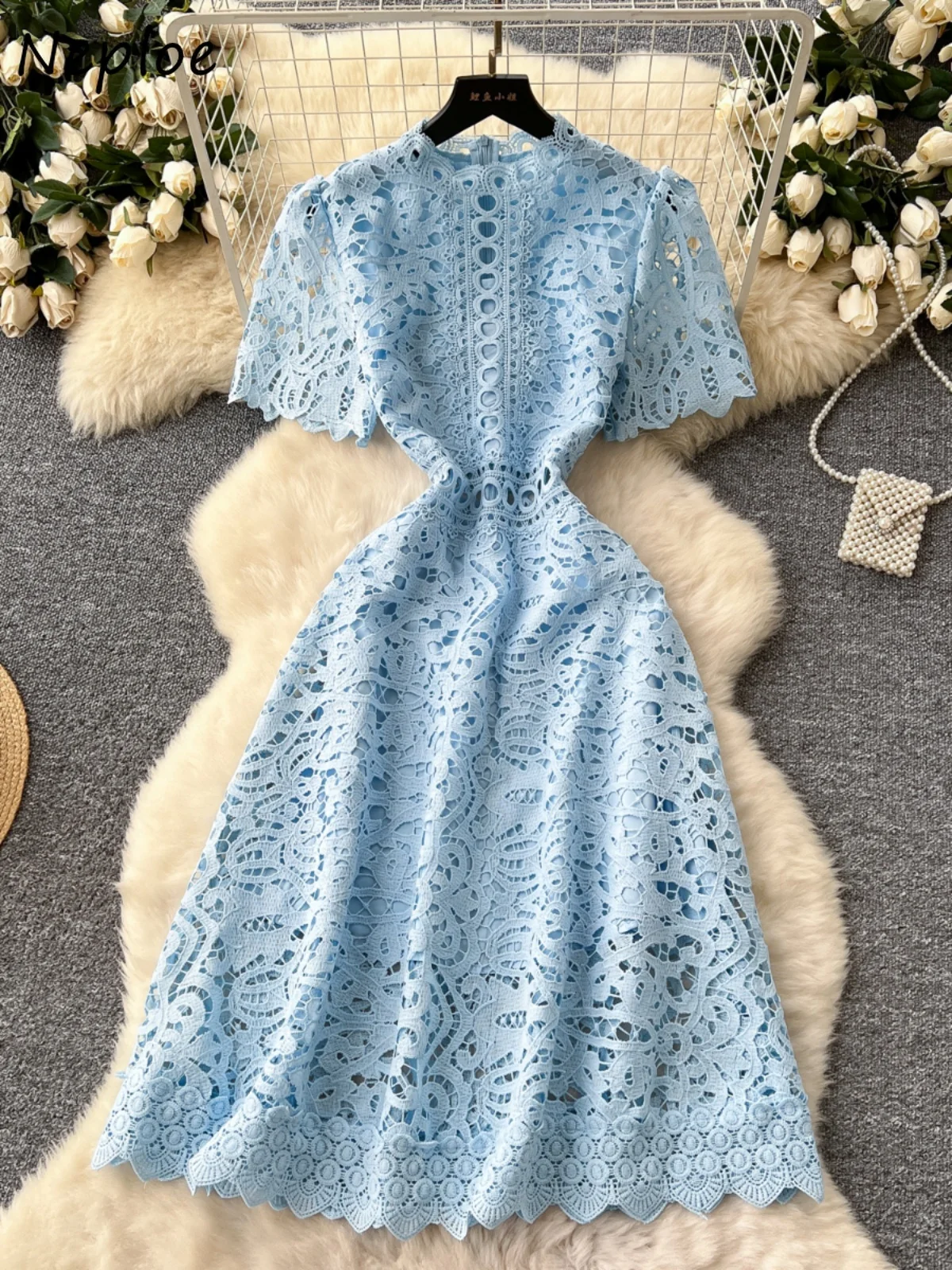 

Neploe Advanced Hollow Out Crochet Lace Vestidos French Slim Waist Elegant Half Sleeve Dress Personalized Moda Casual New Robe