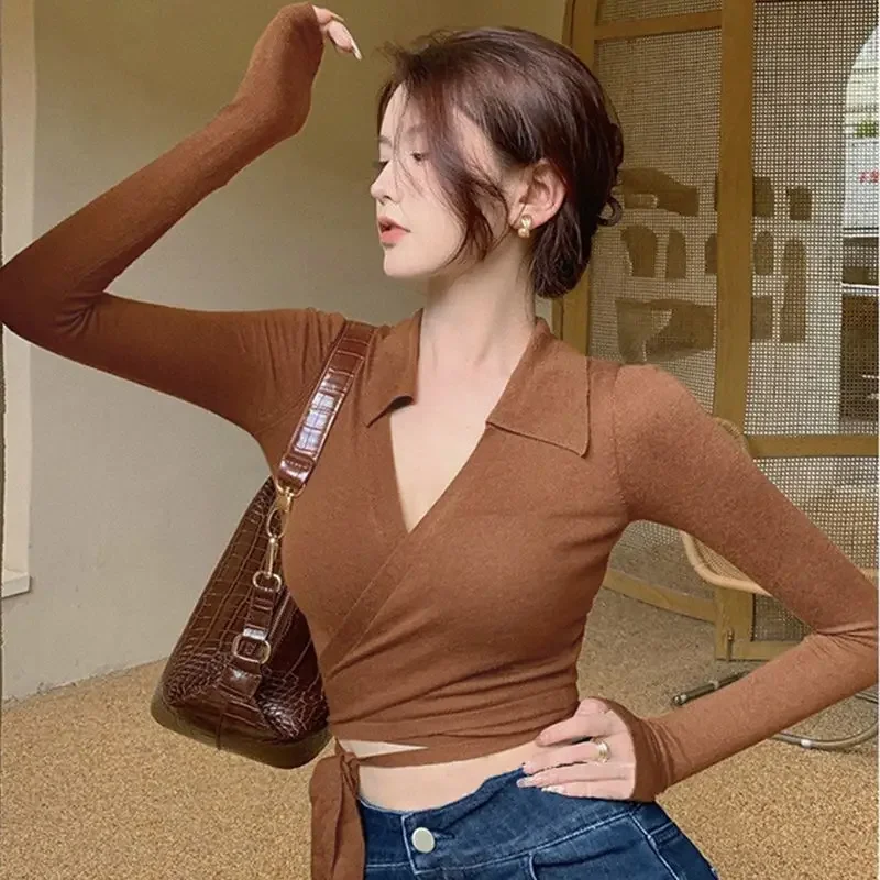 Sweet Hot Girl Sexy V-hals Lace-up Slim-fit T-shirt Dames Lente en Zomer Korte Lange mouwen Truien Mode Vrouwelijke Kleding