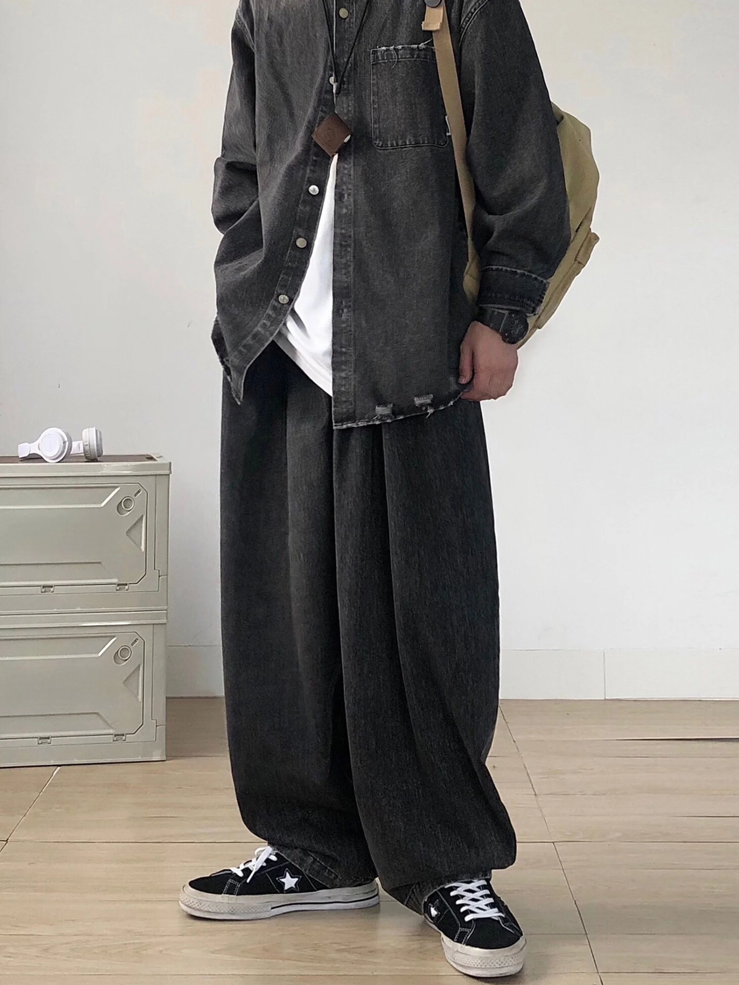 

y Japanese Retro Waed Men's Casual Loose Straight Leg Jeans Workwear Denim Pants Youth Trendy Wide Leg Long Trousers