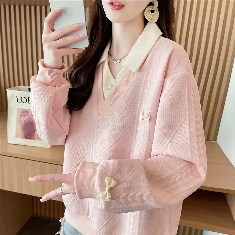 

Women's Decor Polo Knit Sweater Loose Long-Sleeve Casual Pullover Hoodies