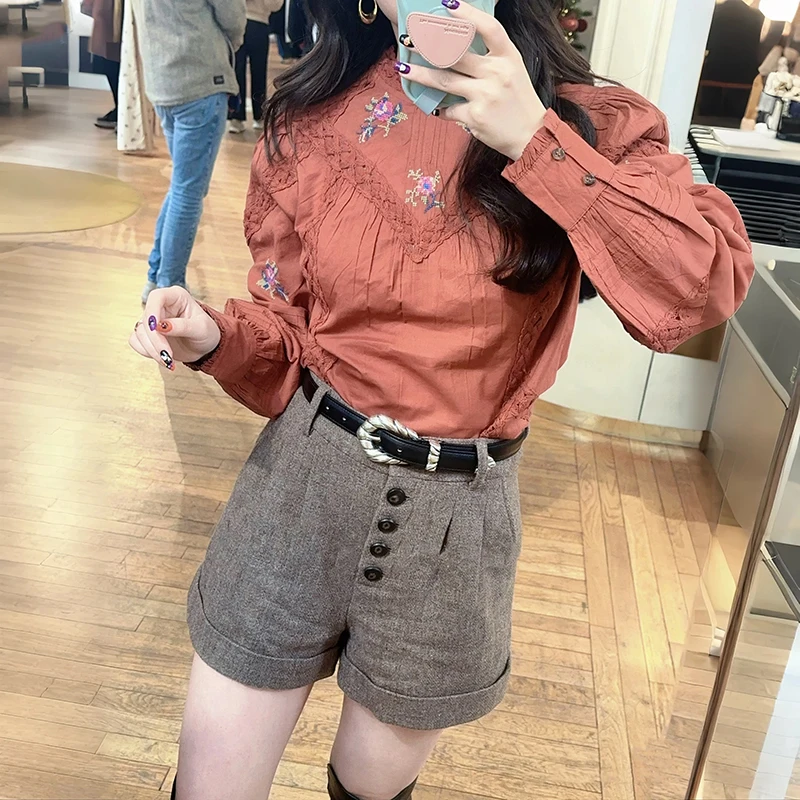 

Ретро-топ с цветочным кружевом и вставками из хлопка, круглый вырез, женская модная одежда, весна-осень, новинка, дышащая, с длинными рукавами