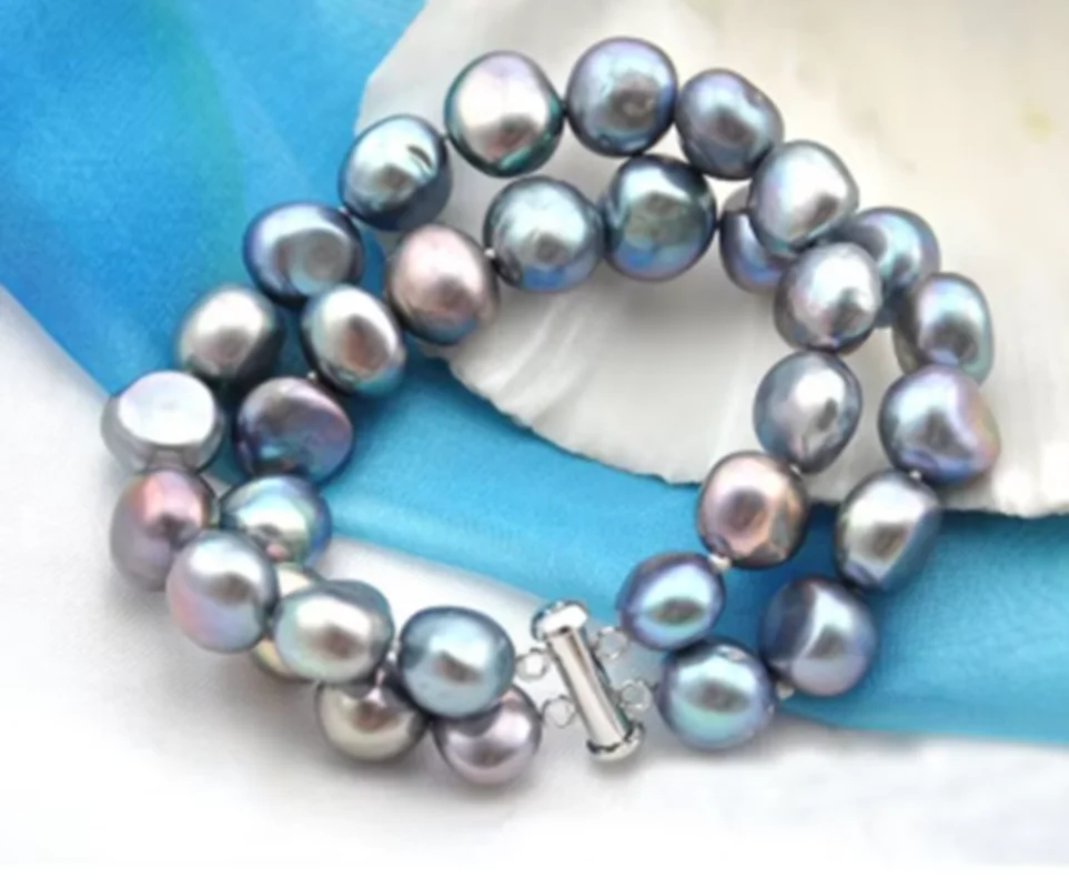 2 Layers 10mm Black Gray Pearl Baroque Bracelet Natural Freshwater Pearl Handmade Jewelry